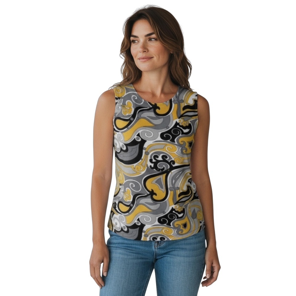 No Brand Label Round Neck Paisley Print Black/Gray/Gold Shell Top Size L